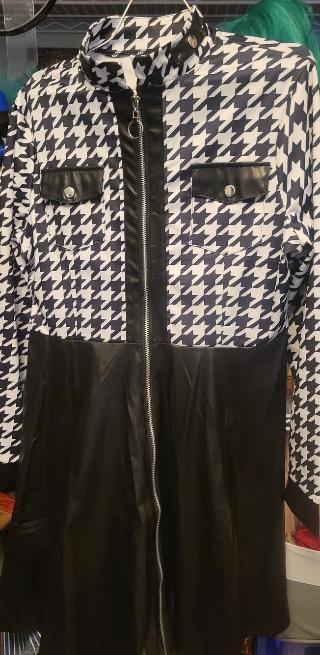 Houndstooth Black & White Jacket Coat with Faux Leather Panels